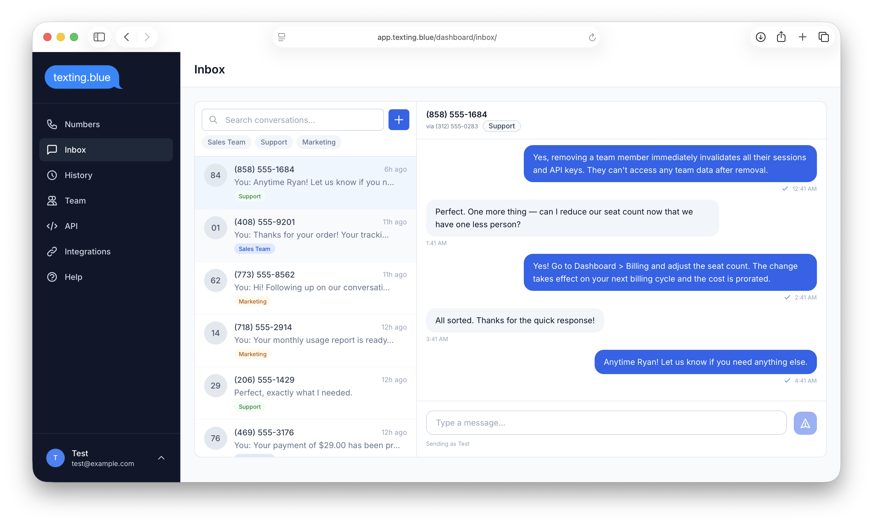 Texting Blue shared inbox - your whole team on one iMessage number